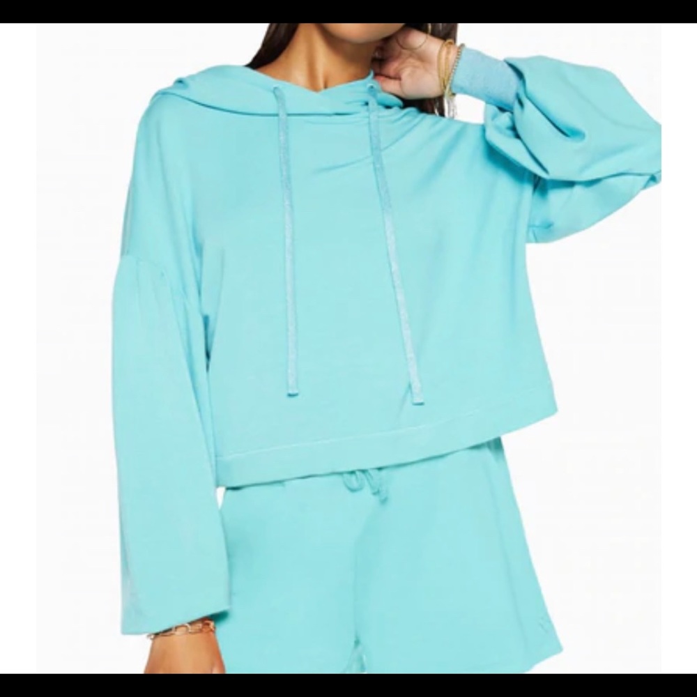 Ramy Brook Womens Tatum Drawstring Long Sleeve Hood Top  Island Turquoise Large